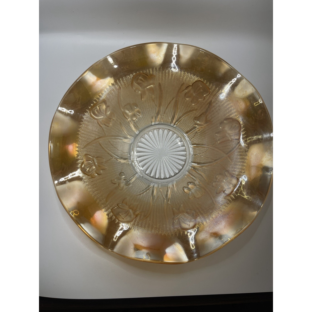 Jeanette Carnival Glass Ruffled Edge Iris And Herringbone Serving Bowl 11.5 In.